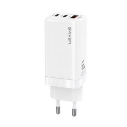USAMS MT hálózati töltő 2 Type-C+USB aljzat (65W, GaN, PD gyorstöltő 3.0) FEHÉR