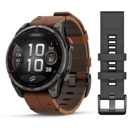 Garmin 010-03198-40 fenix 8 Pro 47mm AMOLED Sapphire karbonszürke DLC Titanium barna bőr- és fekete/szürke szilikon szíjjal (ED