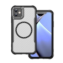 Szilikon telefonvédő (ütésállóság, légpárnás sarok, kameravédő, karbon minta, MagSafe) FEKETE Apple iPhone 11