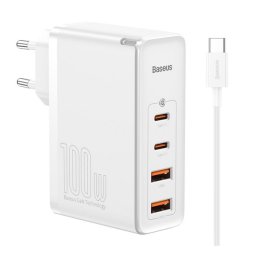 BASEUS hálózati töltő 2 USB+2 Type-C aljzat (100W, GaN2, PD gyorstöltő 4.0 + Type-C kábel) FEHÉR