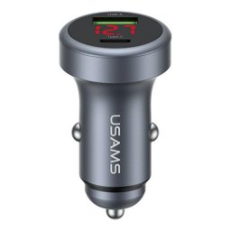 USAMS CC327 autós töltő USB+Type-C aljzat (45W, PD gyorstöltő, LED kijelző) SÖTÉTSZÜRKE