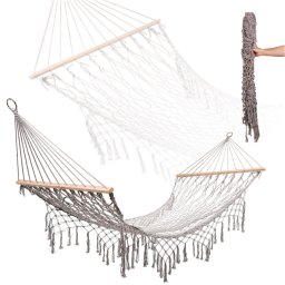 Szürke hálós függőágy rojtokkal, 200cm (boho stílus)