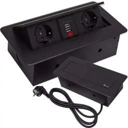 Asztalba süllyeszthető elosztó, 2 konnektor + 2 USB, alumínium ház, 1,9 m kábel, fekete