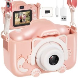 Kruzzel Full HD gyerek fényképezőgép, szelfi kamera, 5 játék, cica tok, 3MP, rózsaszín
