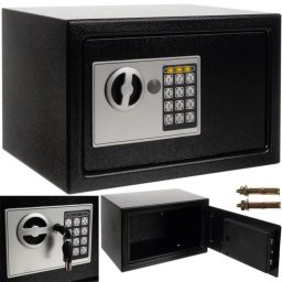 Malatec digitális széf, 10L, XL méret, 3-8 számjegyű kód + vésznyitó kulcs, acél, fekete