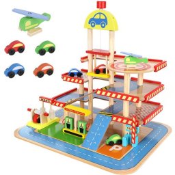 4 szintes fa parkolóház és garázs, lifttel, helikopterrel, 4 autóval és benzinkúttal