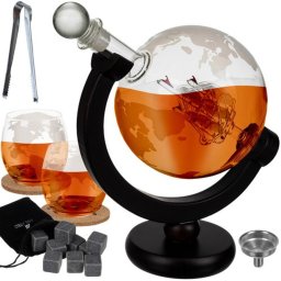Malatec földgömb alakú whisky kancsó szett, 2 pohárral, hűtőkövekkel és fa állvánnyal