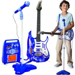 Gyerek elektromos gitár szett mikrofonnal és erősítővel, MP3, villogó fények, kék