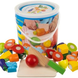 Fa Gyümölcs-Zöldség Vágójáték, 14 db-os Készlet, Tépőzáras, 18/19cm Vödörben