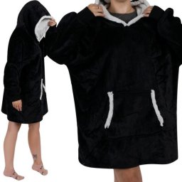 Fekete Flanel Takarópulóver XXL, 85x75cm, Kapucnis, Zsebes, 75cm Széles