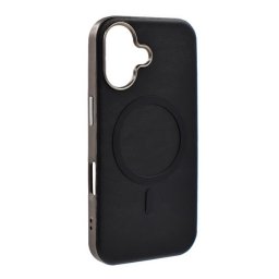 Szilikon telefonvédő (ECO bőr hatású hátlap, karcolásmentesítő belső, fém kameravédő, MagSafe, prémium) FEKETE Apple iPhone 16