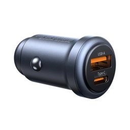 USAMS CC322 autós töltő Type-C+USB aljzat (30W, PD gyorstöltő 3.0) SÖTÉTSZÜRKE