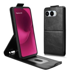 Tok álló, bőr hatású (FLIP, lefelé nyíló, szilikon tartó, kártyatartó) FEKETE T Phone 3 5G