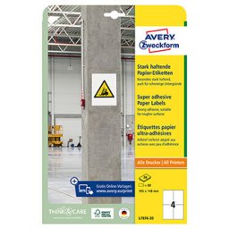 Avery Zweckform címkék 105mm x 148mm, A4, fehér, 4 címke, magas öntapadó képességű, 20 darabos csomag, L7876-20, lézer- és atram-alapú címkékhez.