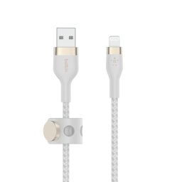 Belkin BOOST CHARGE Lightning/USB-A kábel, 2 m, fehér – strapabíró PRO Flex
