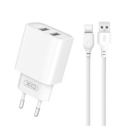 XO CE02C hálózati töltő 2 USB aljzat (10.5W, gyorstöltő + Type-C kábel) FEHÉR