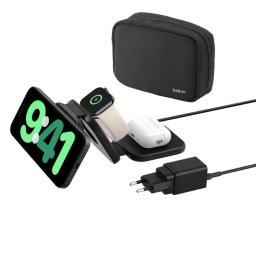 Belkin BOOST CHARGE PRO Qi2 3 az 1-ben vezeték nélküli, összecsukható utazó töltőalátét iPhone/Apple Watch/AirPods készülékekhez, fekete