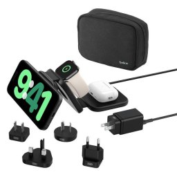 Belkin BOOST CHARGE PRO Qi2 3 az 1-ben vezeték nélküli, összecsukható utazó töltőalátét iPhone/Apple Watch/AirPods készülékekhez, fekete adapterek