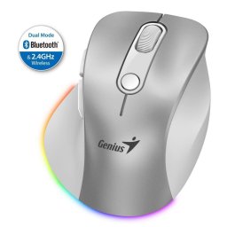 Genius Ergo 9000S Pro egér, vezeték nélküli, optikai, 2400DPI, 6 gomb, BT, 2,4 GHz, USB-C töltés, csendes, 7 színű háttérvilágítás, ezüst színű
