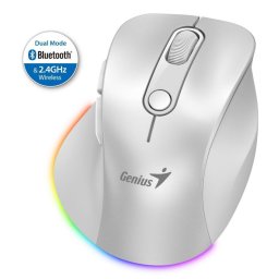Genius Ergo 9000S Pro egér, vezeték nélküli, optikai, 2400DPI, 6 gomb, BT, 2,4 GHz, USB-C töltés, csendes, 7 színű háttérvilágítás, fehér színű