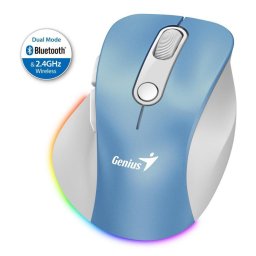Genius Ergo 9000S Pro egér, vezeték nélküli, optikai, 2400DPI, 6 gomb, BT, 2,4 GHz, USB-C töltés, csendes, 7 színű háttérvilágítás, kék és fehér színű.