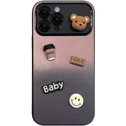 Apple iPhone 13, Szilikon tok, színátmenetes, 3D maci, kávé, smile minta, Teddy Bear Coffee Case, rózsaszín/fekete