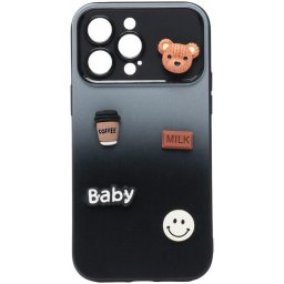 Apple iPhone 12, Szilikon tok, színátmenetes, 3D maci, kávé, smile minta, Teddy Bear Coffee Case, szürke/fekete