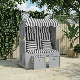vidaXL szürke-fehér polyrattan és tömör fa strandszék párnákkal