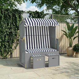 vidaXL kék és fehér polyrattan és tömör fa strandszék tetővel