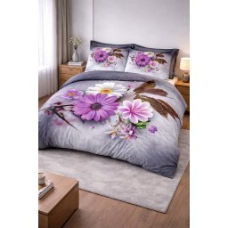 7 részes modern virágmintás ágyneműhuzat- elegáns lila-fehér design