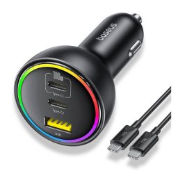 BASEUS autós töltő 2 Type-C aljzat (152.5W, PD gyorstöltő 3.0, LED fény + csévélhető lapos Type-C kábel) FEKETE