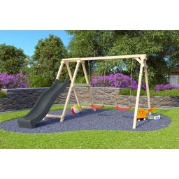 Karibu Felix kétszemélyes fa hinta mászókával, antracit csúszdával, 308 cm x 264 cm