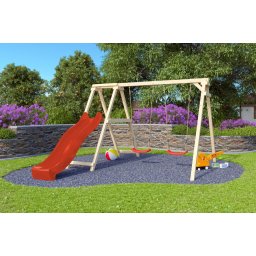 Karibu Felix kétszemélyes fa hinta mászókával, piros csúszdával, 308 cm x 264 cm