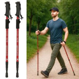 2 db-os nordic walking túrabot készlet, kiegészítőkkel, 65-135 cm kihúzható, piros