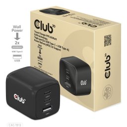Club3D utazási töltő 65W GAN technológia, 3 port (2xUSB-C USB-A), PPS, Power Delivery(PD) 3.0 támogatással