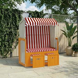 vidaXL piros és fehér polyrattan és tömör fa strandszék tetővel