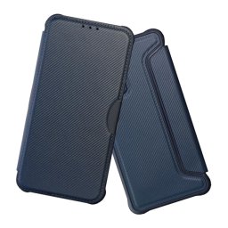 Tok álló, bőr hatású (FLIP, oldalra nyíló, ütésállóság, légpárnás sarok, kameravédő, karbon minta) SÖTÉTKÉK Samsung Galaxy S26 (SM-S942)