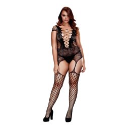 BACI Plus Size - fűzős, rövidujjú fekete necc szett (XL-XXL)