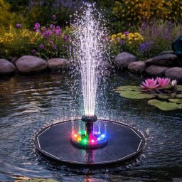 RGB LED-es fényű napelemes kerti szökőkút, 180 l/h, 8 fúvóka fejjel, 16,5cm átmérő
