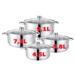 Cook Max Edénykészlet 8 részes 4,5/ 5,8/ 7,3/ 9,1 literes üveg fedővel, rozsdamentes CKM803