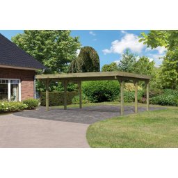 Karibu Classic 1. dupla fa autóbeálló, fedett kocsibeálló, 0,8 mm-es PVC tetőfedő lemezzel, 563 cm × 394,5 cm