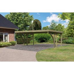 Karibu Classic 1. dupla fa autóbeálló, fedett kocsibeálló, bejárati boltívvel, 0,5 mm-es acél tetőfedő lemezzel,563 cm x 284,5 cm
