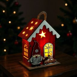 Karácsonyi LED-es dekoráció - házikó manóval - melegfehér LED, piros - 7,5 x 5 x 10 cm - 2 féle