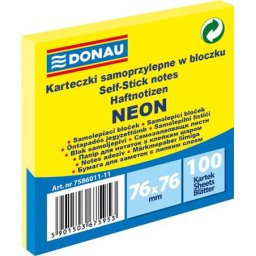 DONAU Öntapadó jegyzettömb, 76x76 mm, 100 lap, DONAU, neon sárga