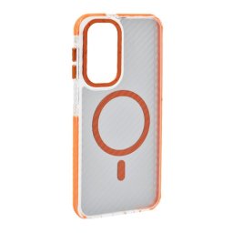 Szilikon telefonvédő (ütésállóság, légpárnás sarok, karbon minta, wireless, MagSafe) NARANCSSÁRGA Samsung Galaxy A17 5G (SM-A176)
