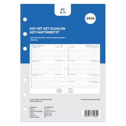 Filofaxhoz Naptárbetét Heti 1 hét / 2 oldal Magyar (H-GB-D) A5 2026 Fehér