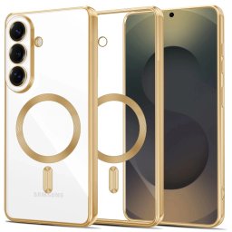 Samsung Galaxy S26 Plus SM-S947, Műanyag hátlap védőtok + szilikon keret, közepesen ütésálló, Magsafe töltővel kompatibilis, fényes keret, Magflex Magsafe, átlátszó/arany