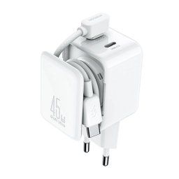 JOYROOM JR-TCL05 hálózati töltő 2 Type-C aljzat (45W, GaN, gyorstöltő, kábelrendező + Type-C kábel) FEHÉR