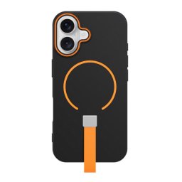 Szilikon telefonvédő (mikrofiber plüss belső, kameravédő, ujjra húzható pánt, MagSafe) FEKETE Apple iPhone 16