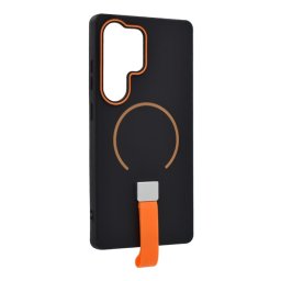 Szilikon telefonvédő (mikrofiber plüss belső, kameravédő, ujjra húzható pánt, MagSafe) FEKETE Samsung Galaxy S25 Ultra (SM-S938)